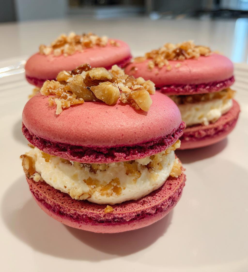 savory beet macarons with goat cheese walnut crunch