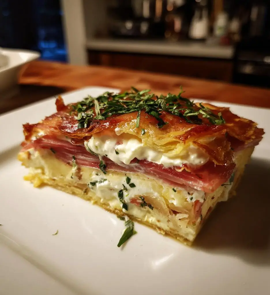 savory mille feuille with lemon ricotta prosciutto