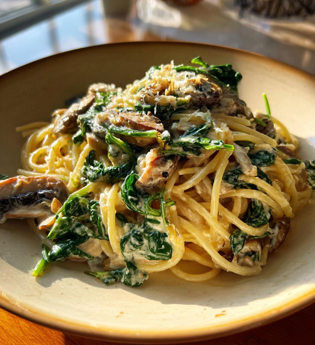 spinach mushroom pasta creamy delight recipe - detail 1
