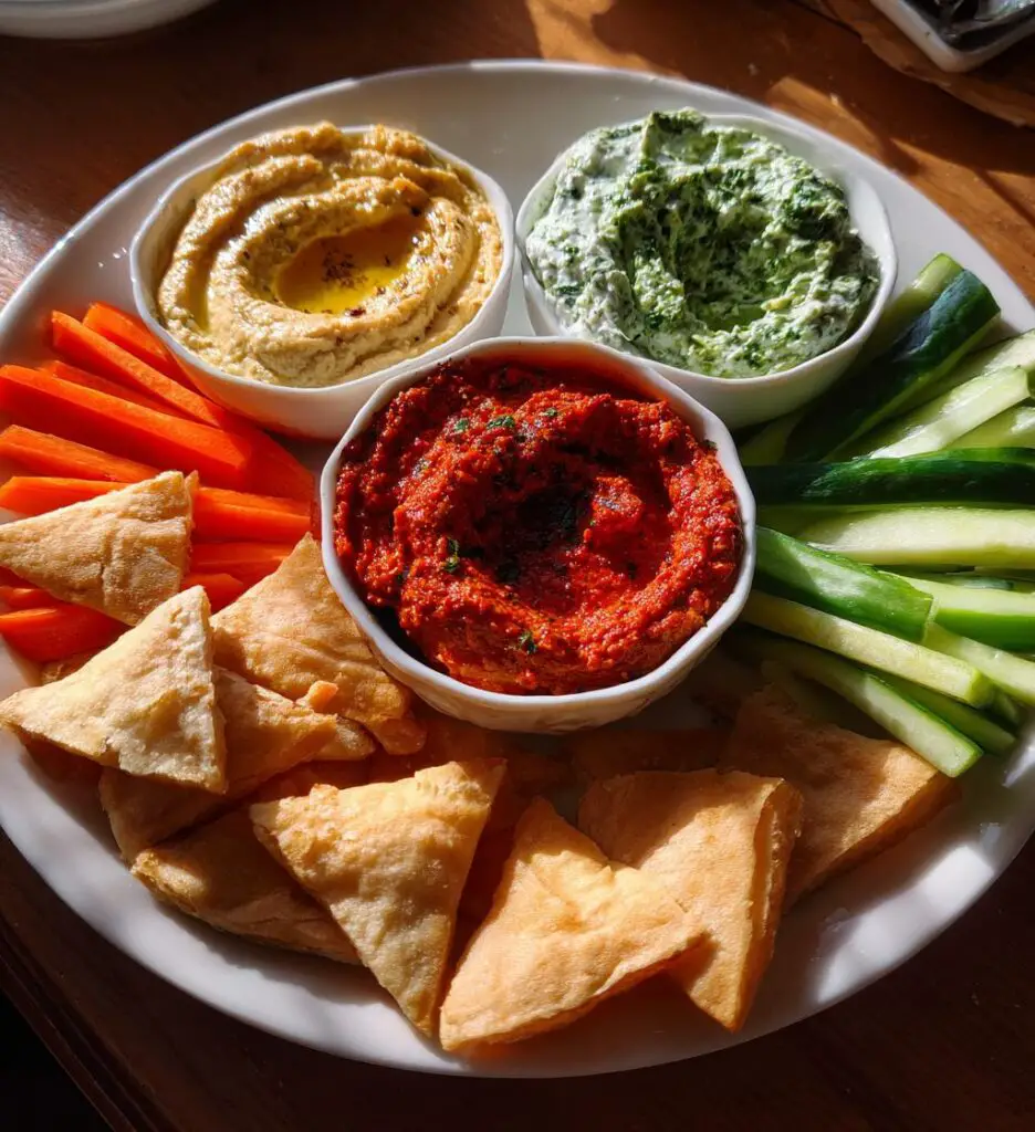 tricolore dip platter muhammara hummus tzatziki trio