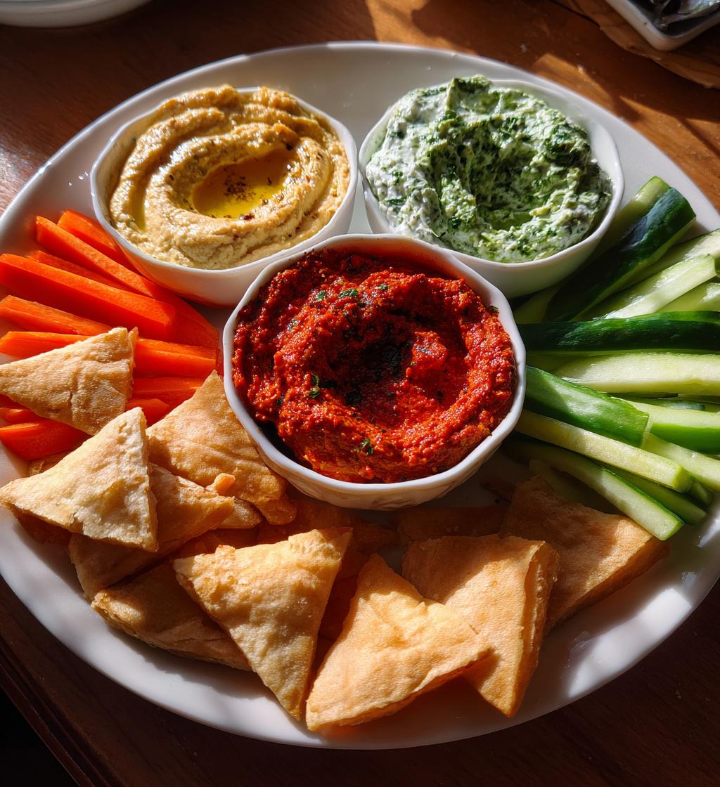 tricolore dip platter muhammara hummus tzatziki trio