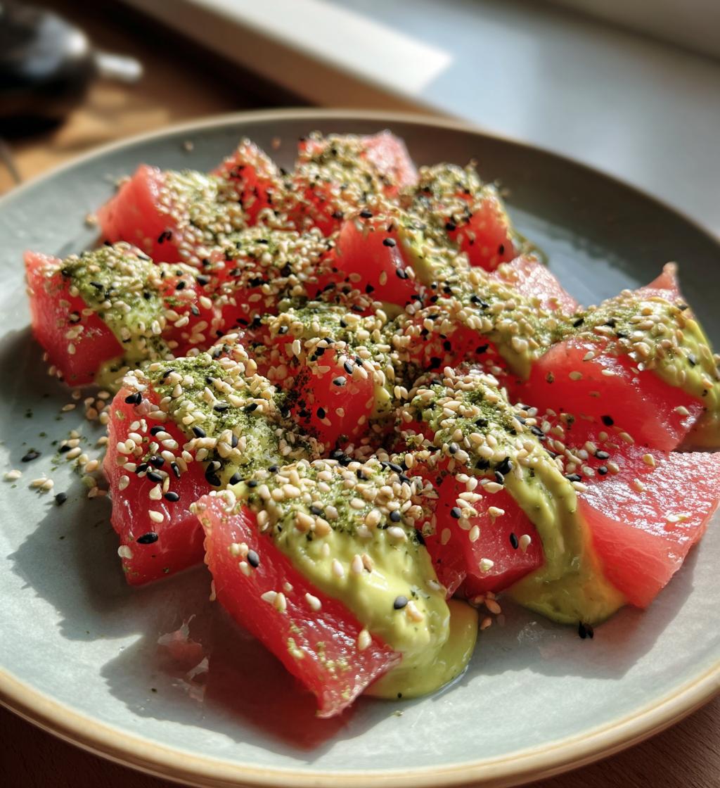 watermelon sashimi with avocado wasabi cream - detail 1