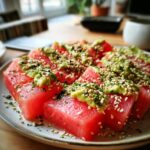 watermelon sashimi with avocado wasabi cream