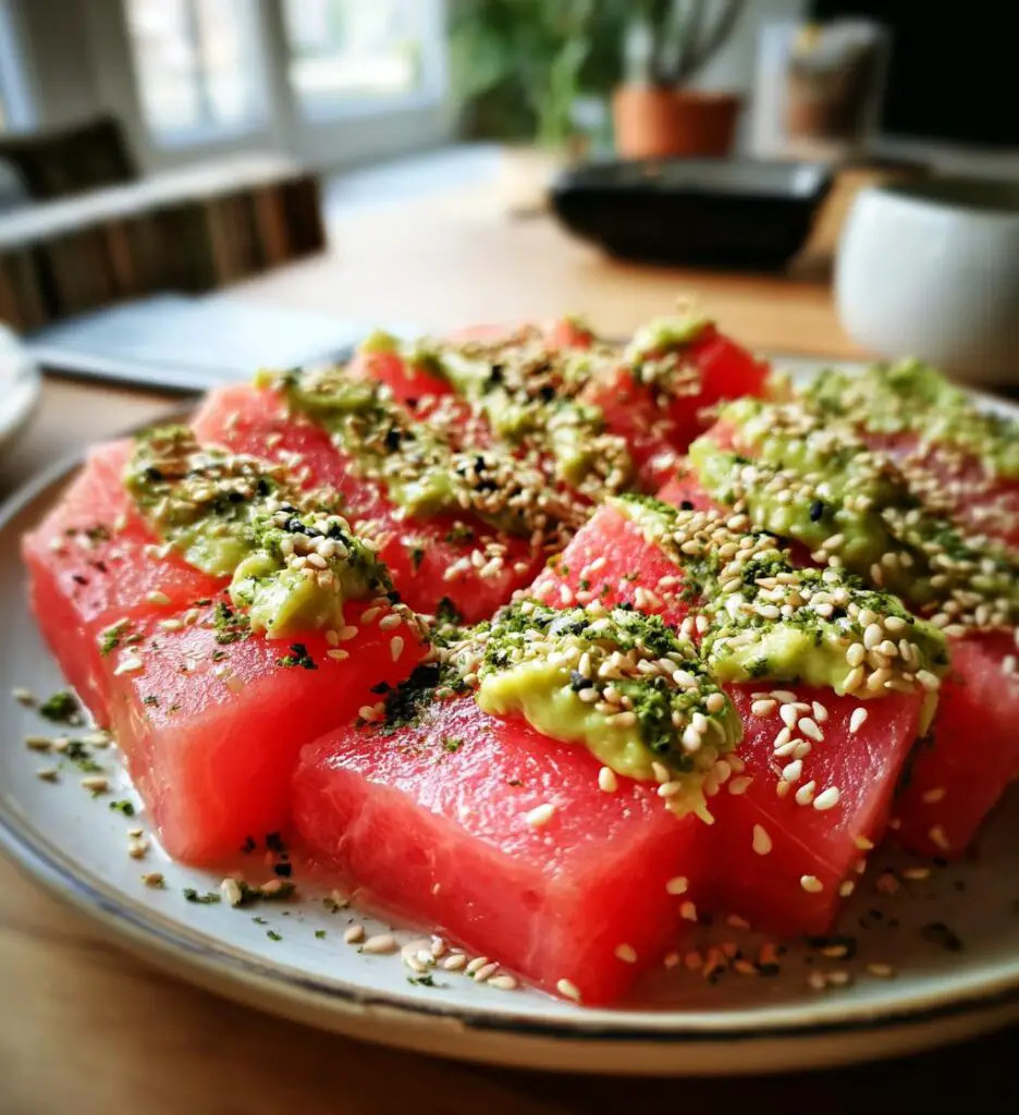 watermelon sashimi with avocado wasabi cream