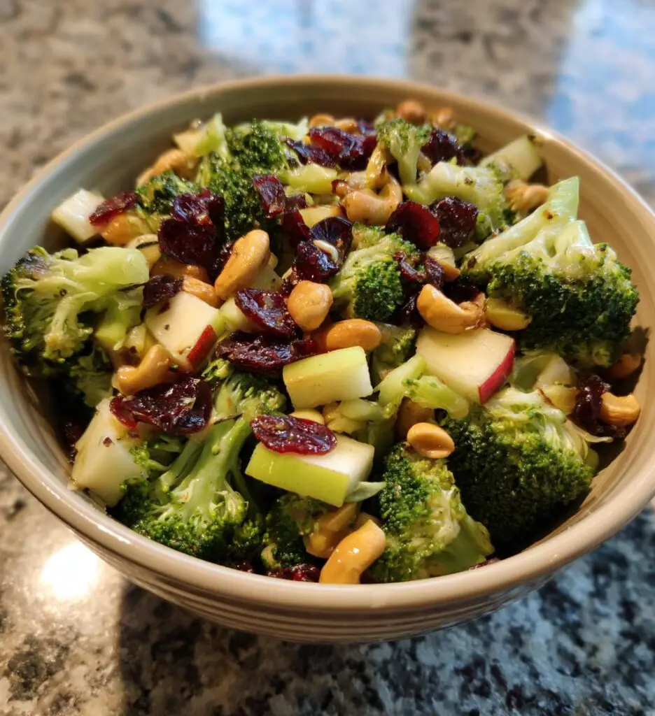broccoli cashew salad with apples pears and cranberries