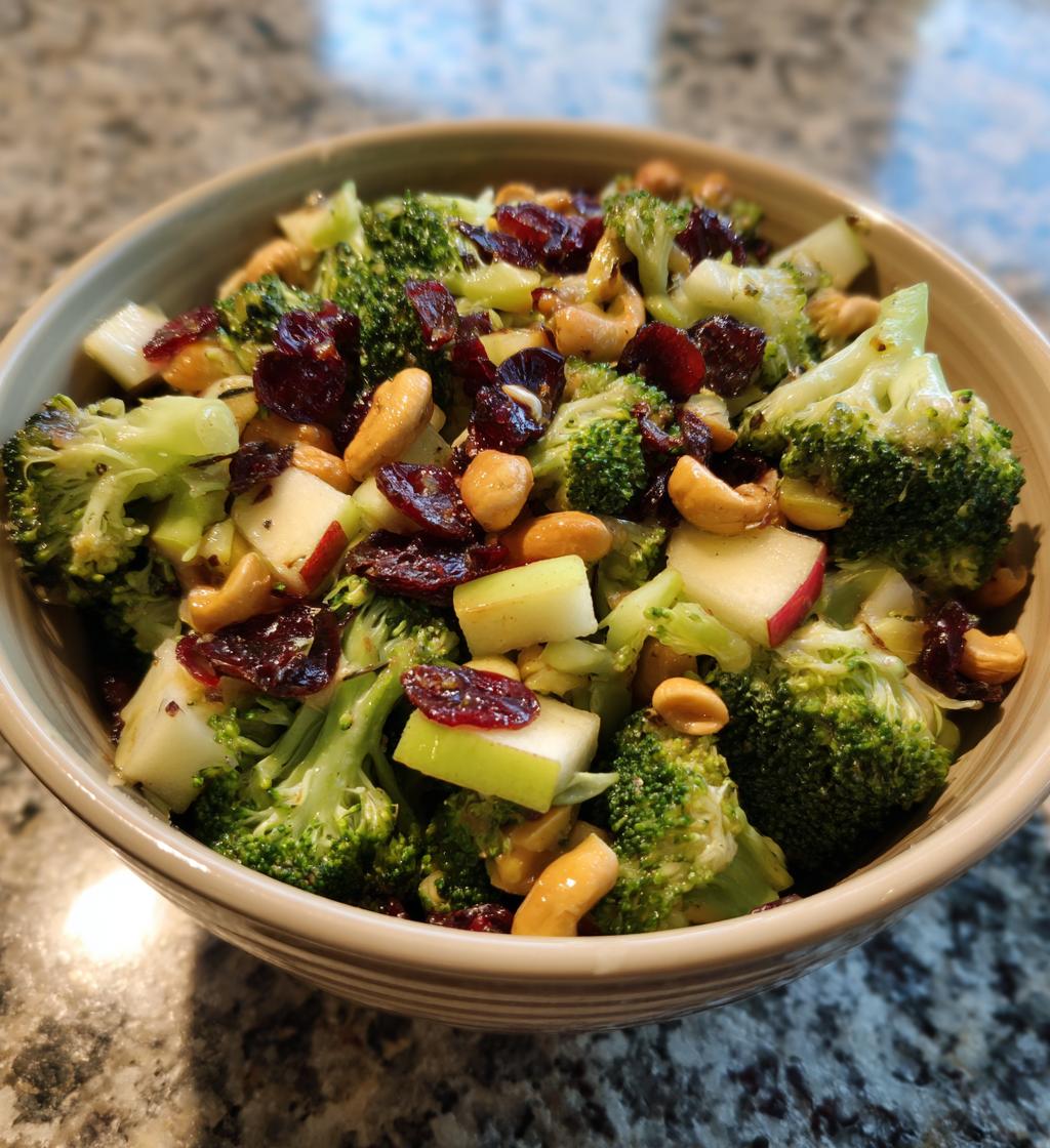 broccoli cashew salad with apples pears and cranberries