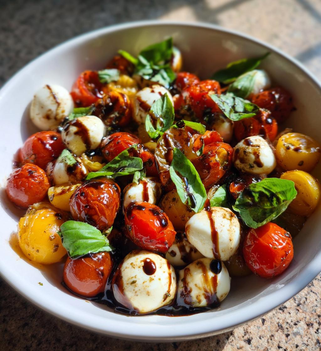 caprese pasta salad with balsamic glaze