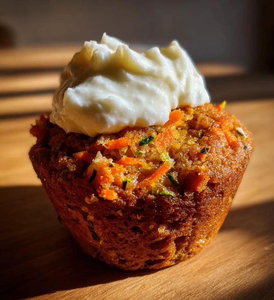 carrot apple zucchini muffins with cream cheese frosting