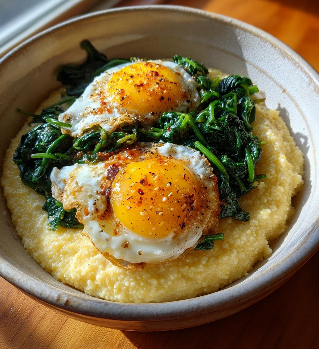 cheesy grits with spinach and fried eggs - detail 1