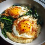 cheesy grits with spinach and fried eggs