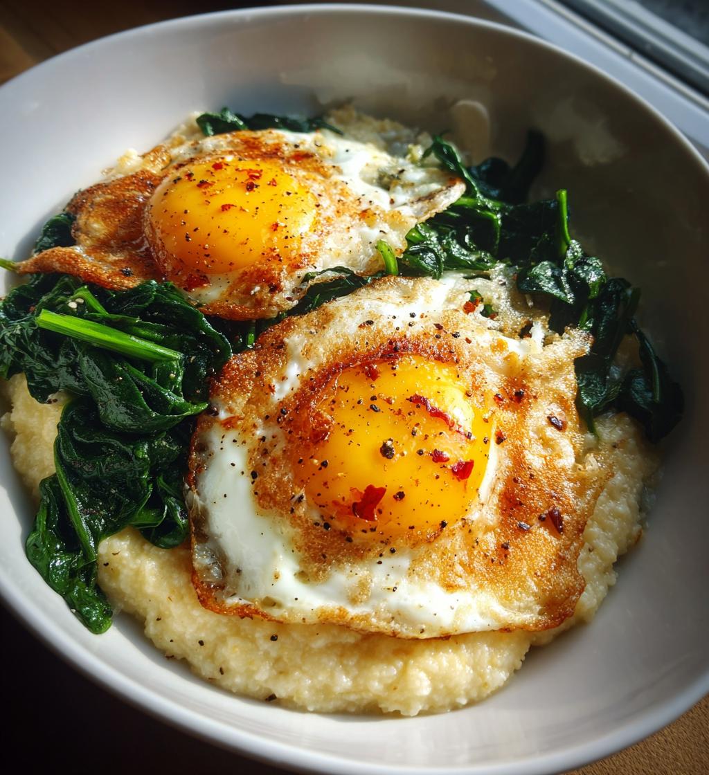 cheesy grits with spinach and fried eggs