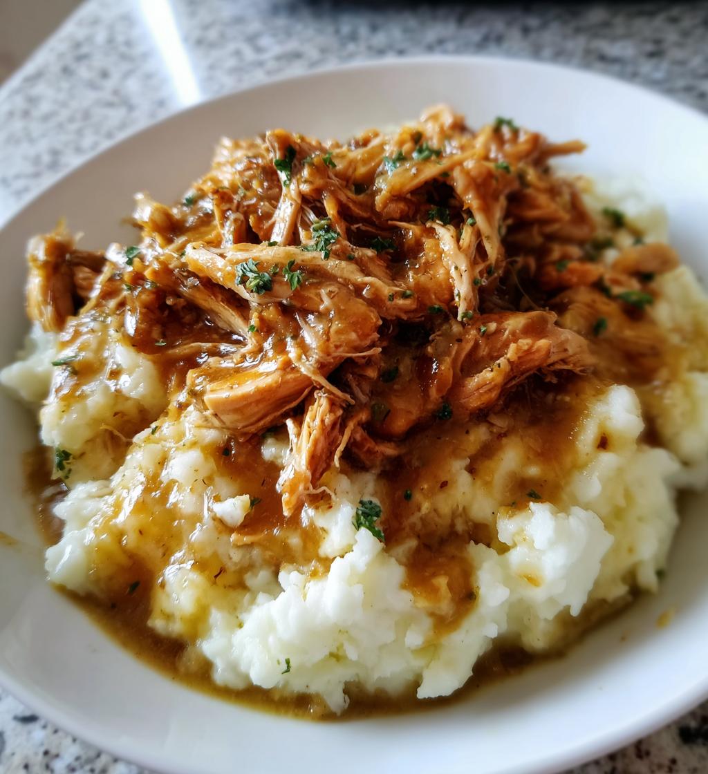 crockpot shredded chicken gravy over mashed potatoes - detail 1