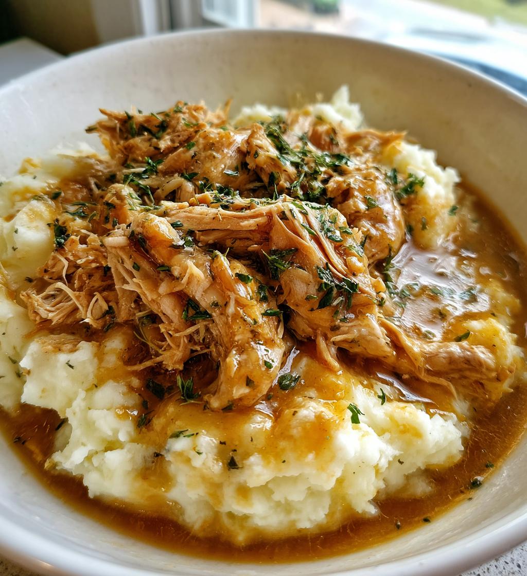 crockpot shredded chicken gravy over mashed potatoes