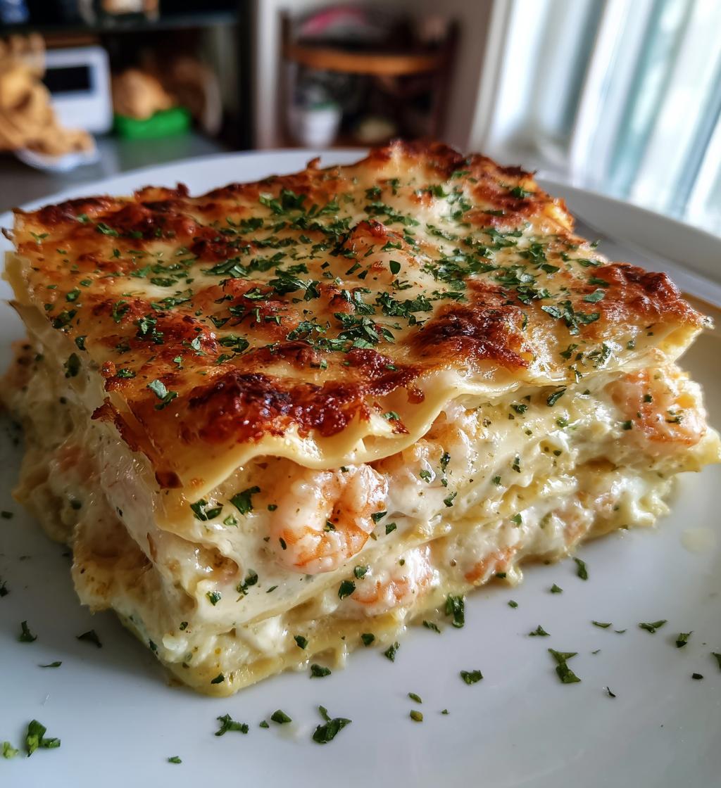 garlic butter shrimp scampi lasagna - detail 1
