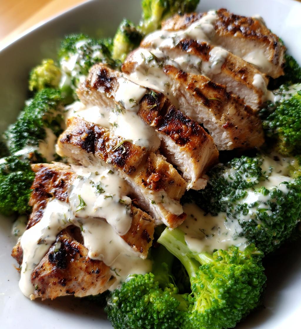 grilled chicken broccoli bowls with creamy garlic sauce - detail 1