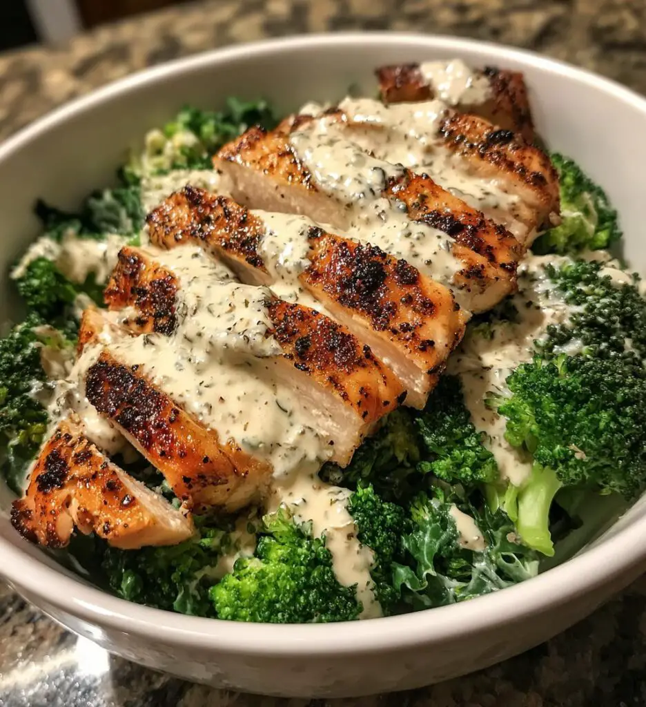 grilled chicken broccoli bowls with creamy garlic sauce