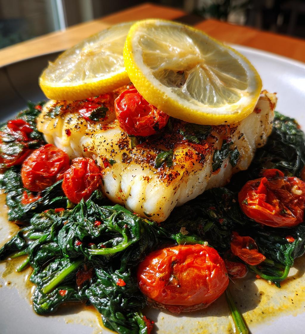grilled cod with spinach and tomatoes - detail 1