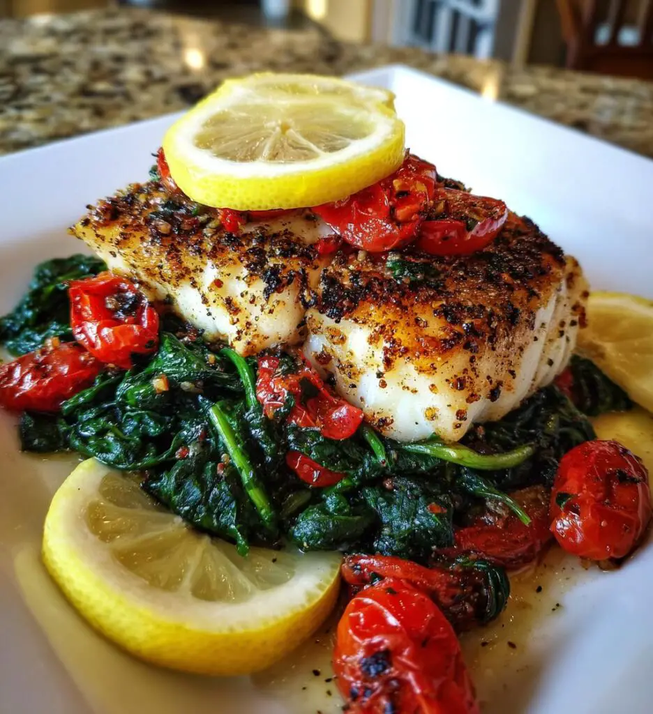 grilled cod with spinach and tomatoes