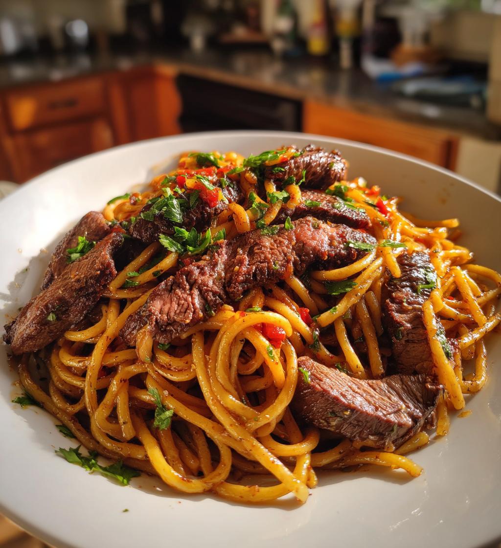 one pan spicy honey garlic steak pasta - detail 1