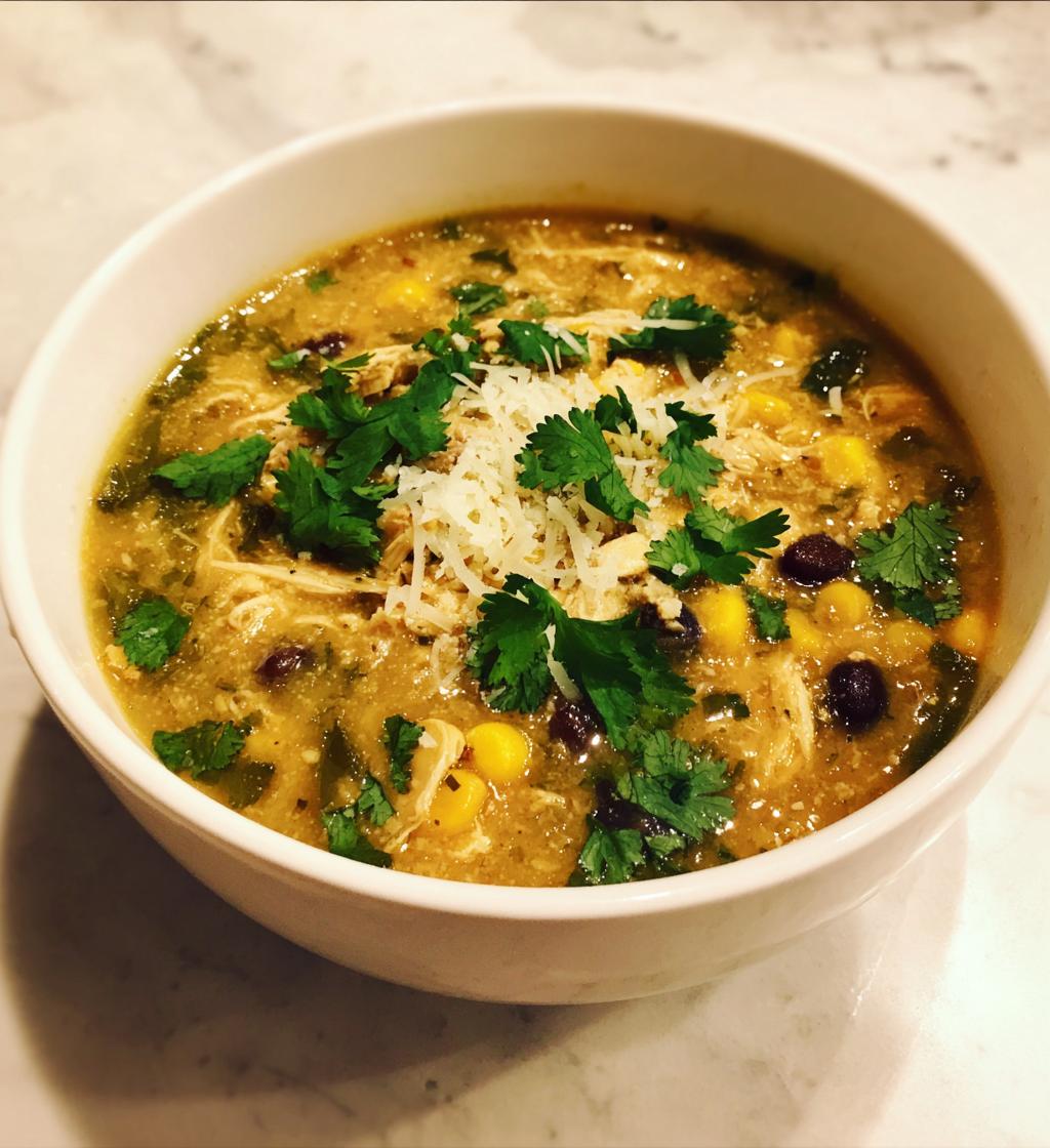 slow cooker creamy green chile chicken enchilada soup - detail 1