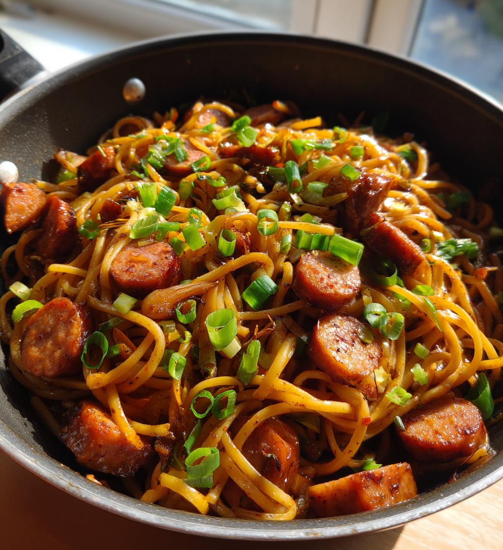 sticky honey garlic sausage pasta skillet - detail 1