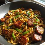 sticky honey garlic sausage pasta skillet