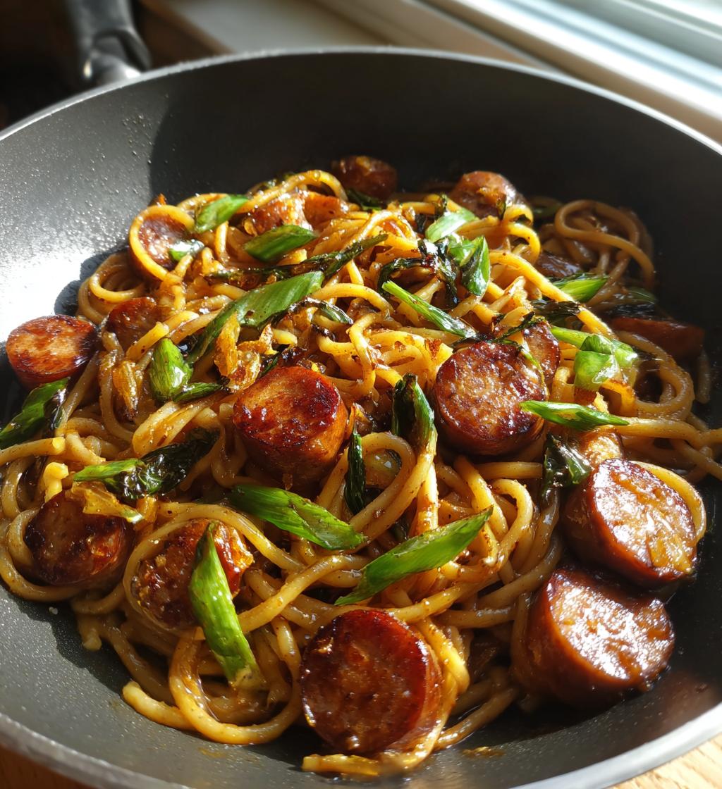 sticky honey garlic sausage pasta skillet