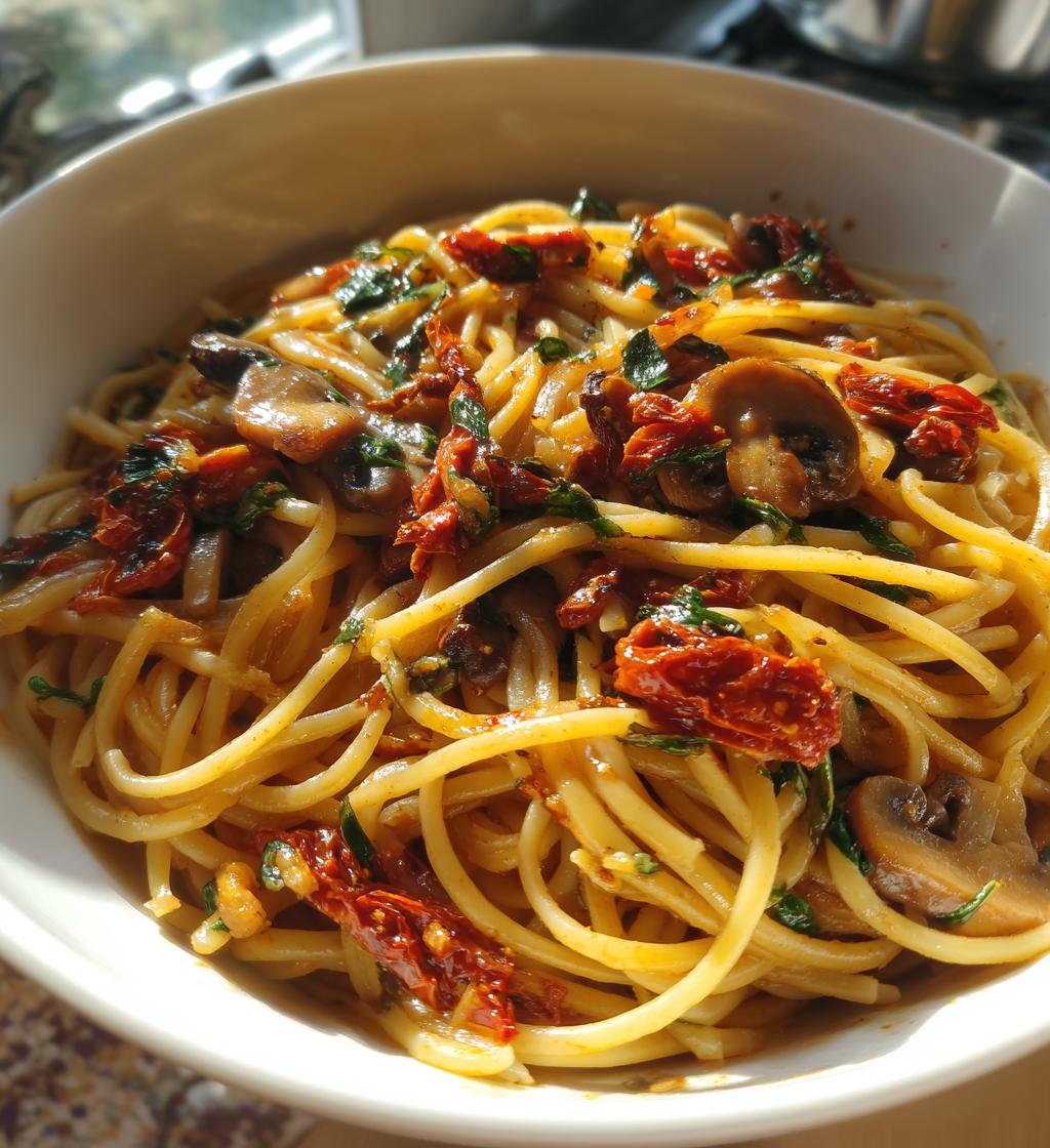 sun dried tomato and mushroom pasta in garlic and basil sauce - detail 1
