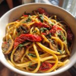 sun dried tomato and mushroom pasta in garlic and basil sauce