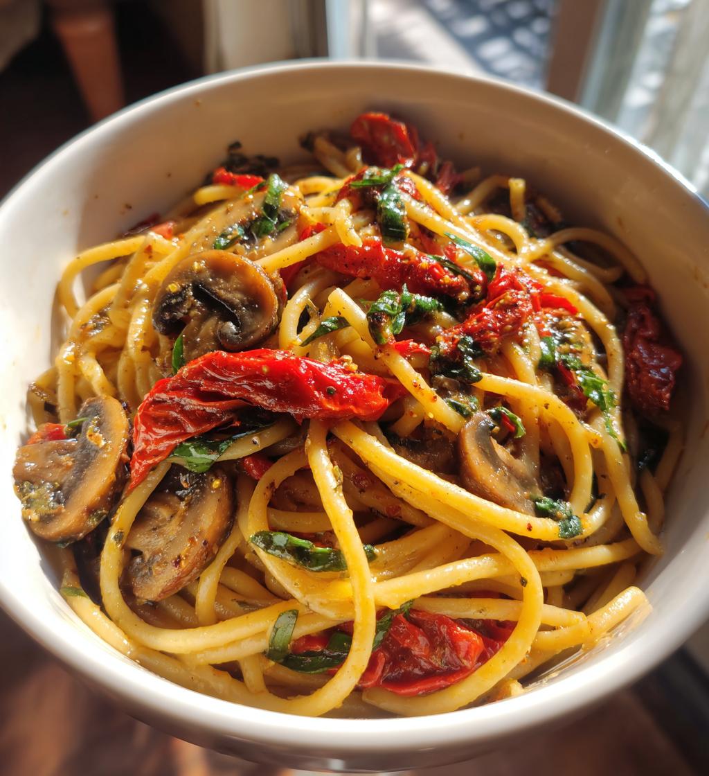 sun dried tomato and mushroom pasta in garlic and basil sauce