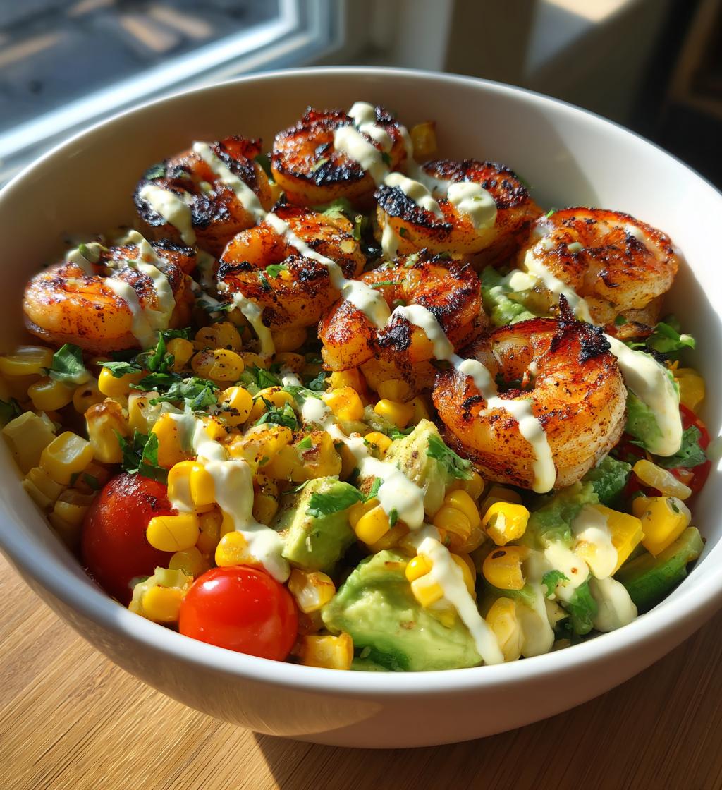 yummy grilled shrimp bowl with avocado corn salsa and creamy sauce - detail 1