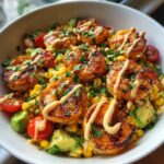 yummy grilled shrimp bowl with avocado corn salsa and creamy sauce