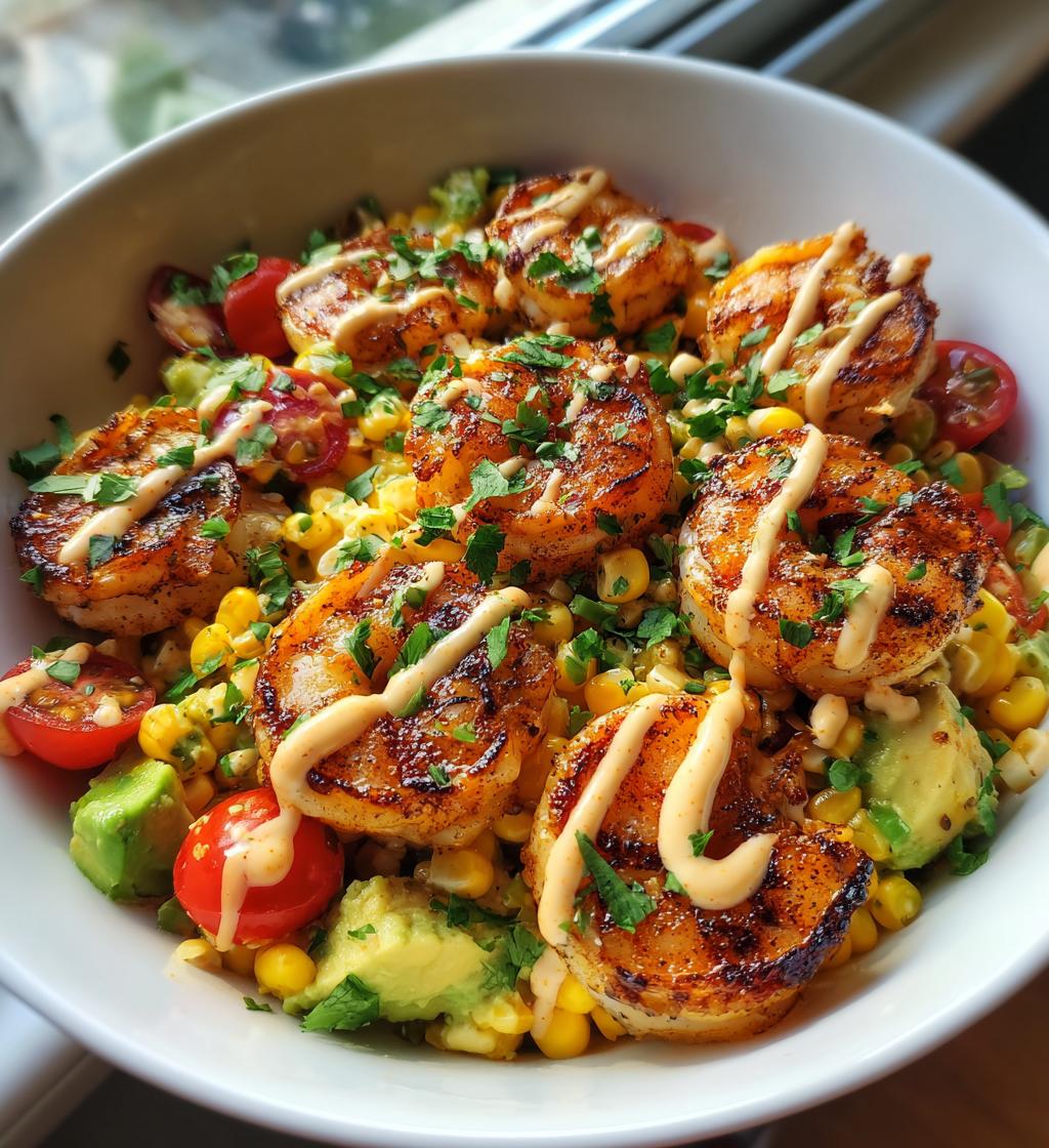 yummy grilled shrimp bowl with avocado corn salsa and creamy sauce