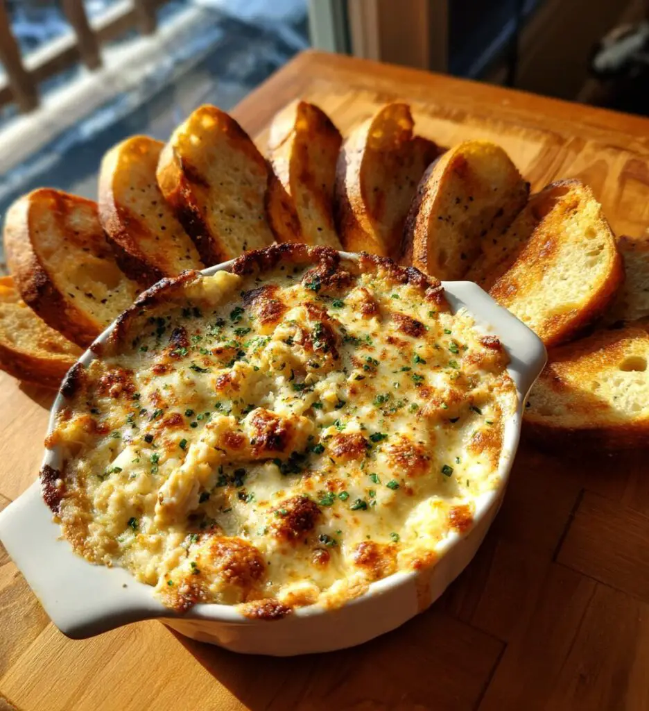Chicken Alfredo Dip with Garlic Bread Chips