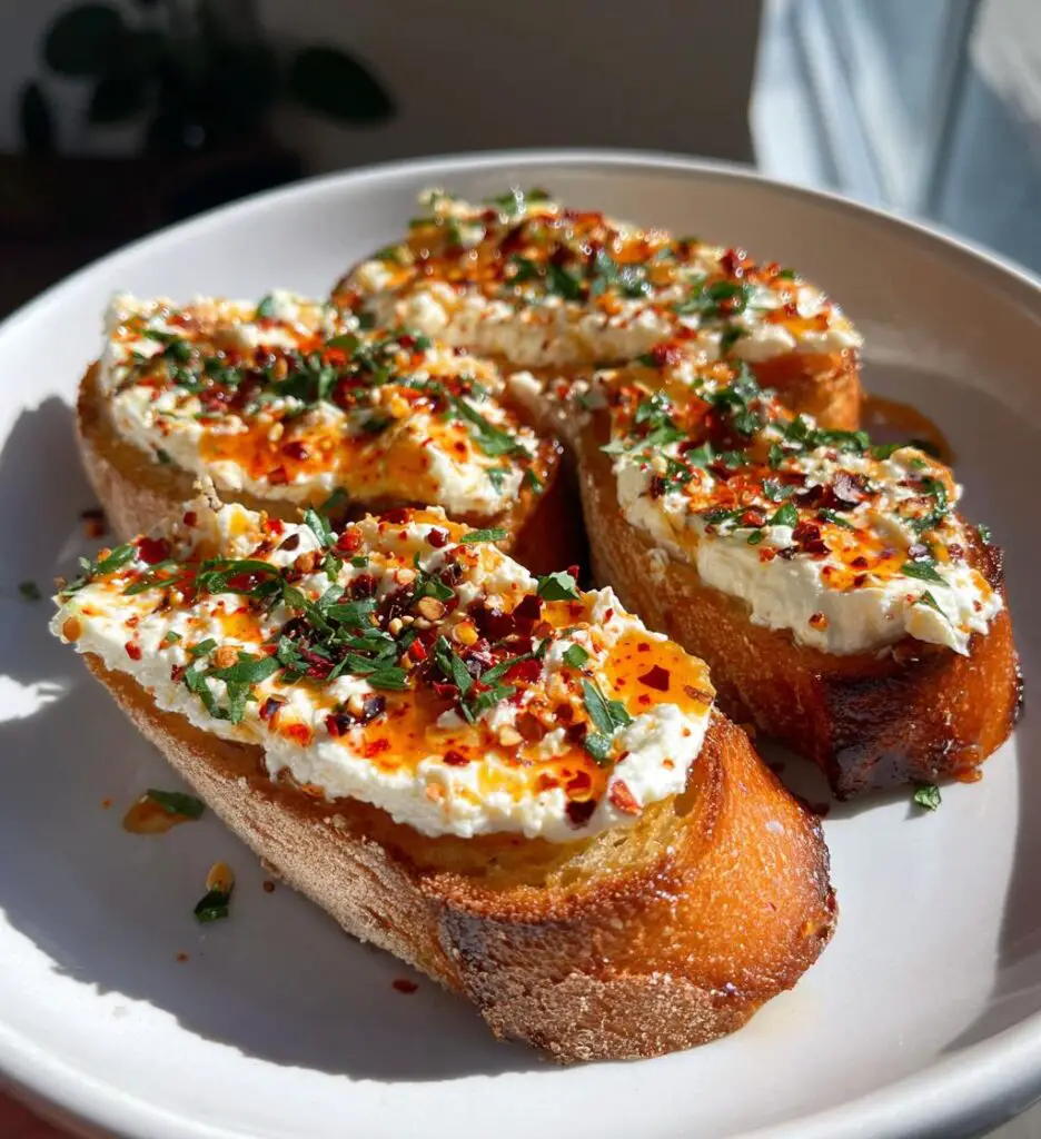 Hot Honey Whipped Feta Crostini